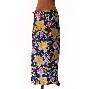Women's Wrap Skirt One Size Cottom Navy Yellow Floral Lightweight Bohemian‎